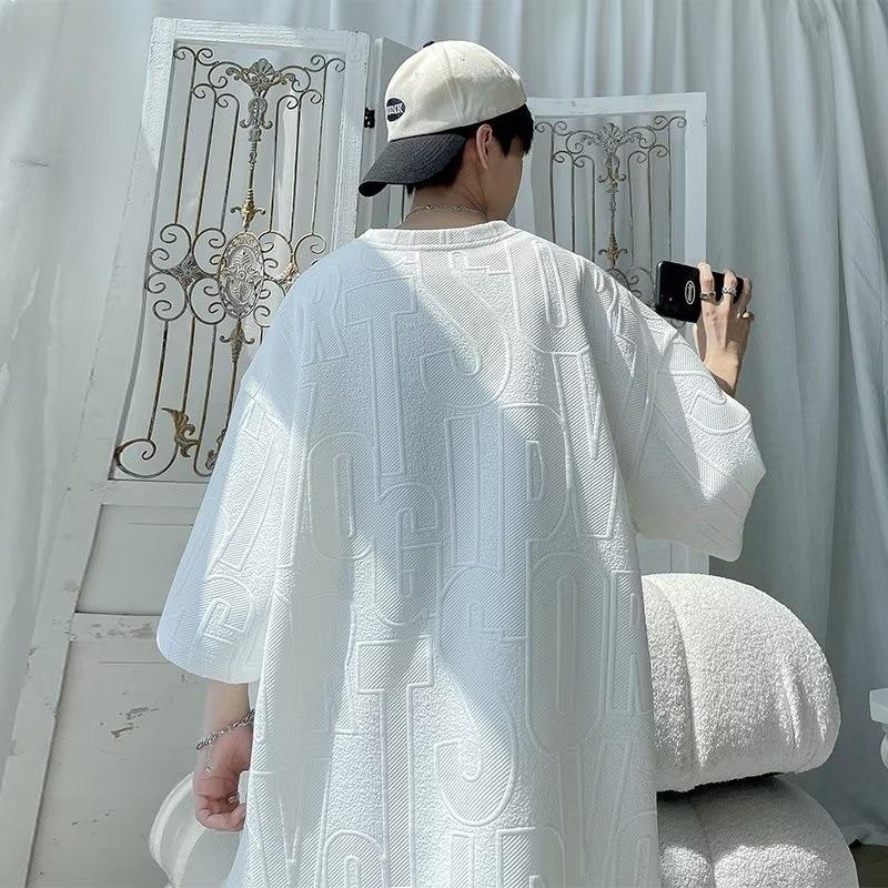 Men's Textured Letter Print Two-Piece Set Oversized Short Sleeve T-Shirt  Shorts Casual Streetwear
