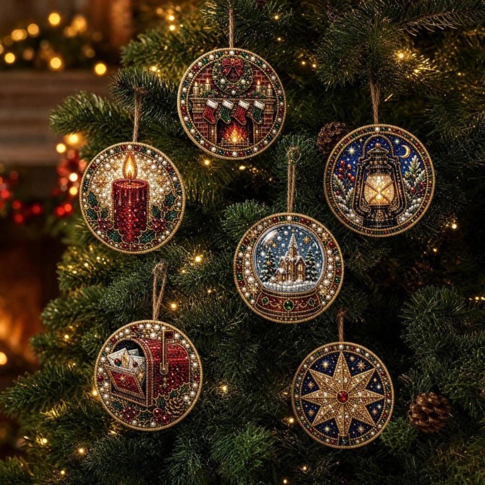 6Pcs Wooden Base Wooden Christmas Ornaments Set Art Xmas Hanging Decor Wall Decoration
