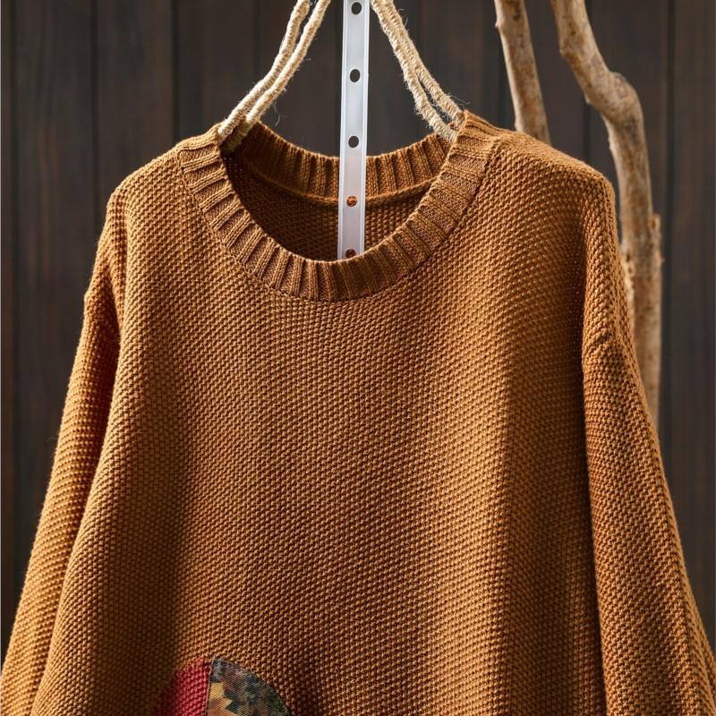 Johnature Dámské vintage patchworkové pulovry jednobarevné s kulatým výstřihem a dlouhým rukávem pletené oblečení podzimní svetry