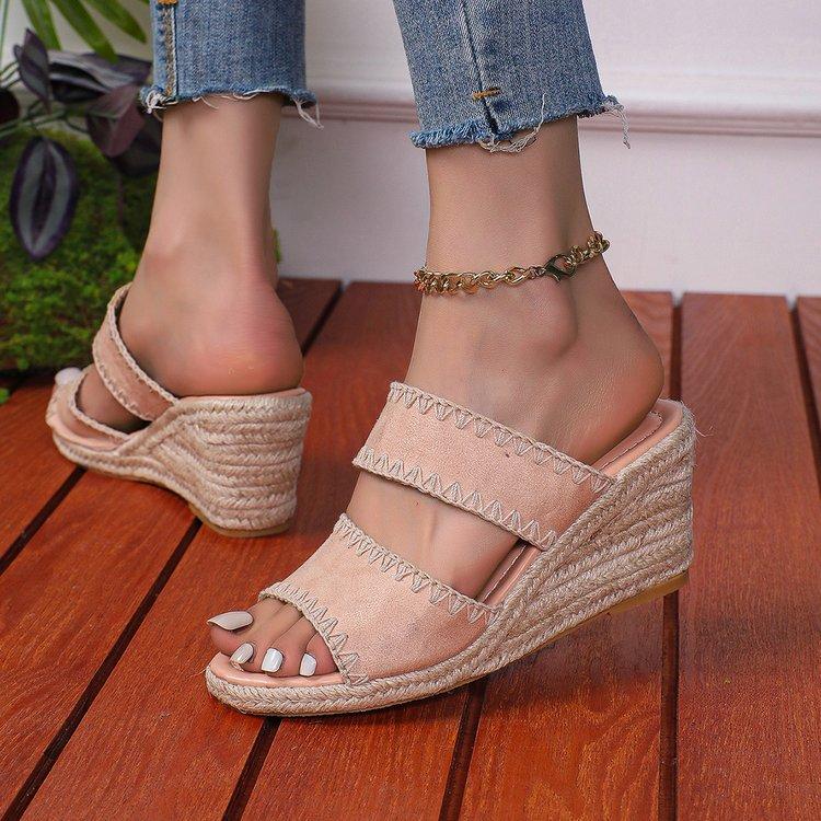 European and American large-size hemp rope slope heel slippers women's 2025 summer new retro trend thick bottom with slippers