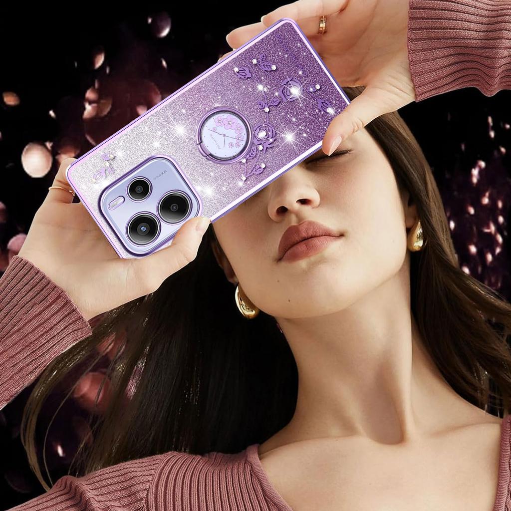 KADEM For Xiaomi Redmi Note 14 4G (164.84mm) Case Ring Kickstand TPU Flowers Phone Cover Gradient Glitter