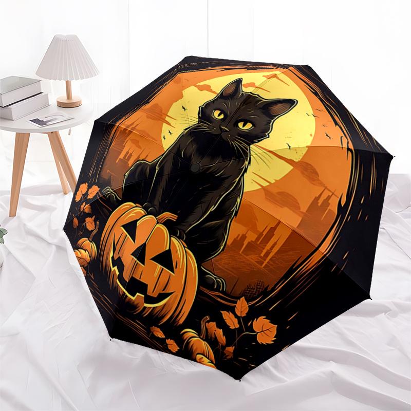 

1pc Cat on a Pumpkin Halloween Automatic Opening and Closing Cartoon Practical Umbrella - Small Umbrella Suitable for Various Occasions A019