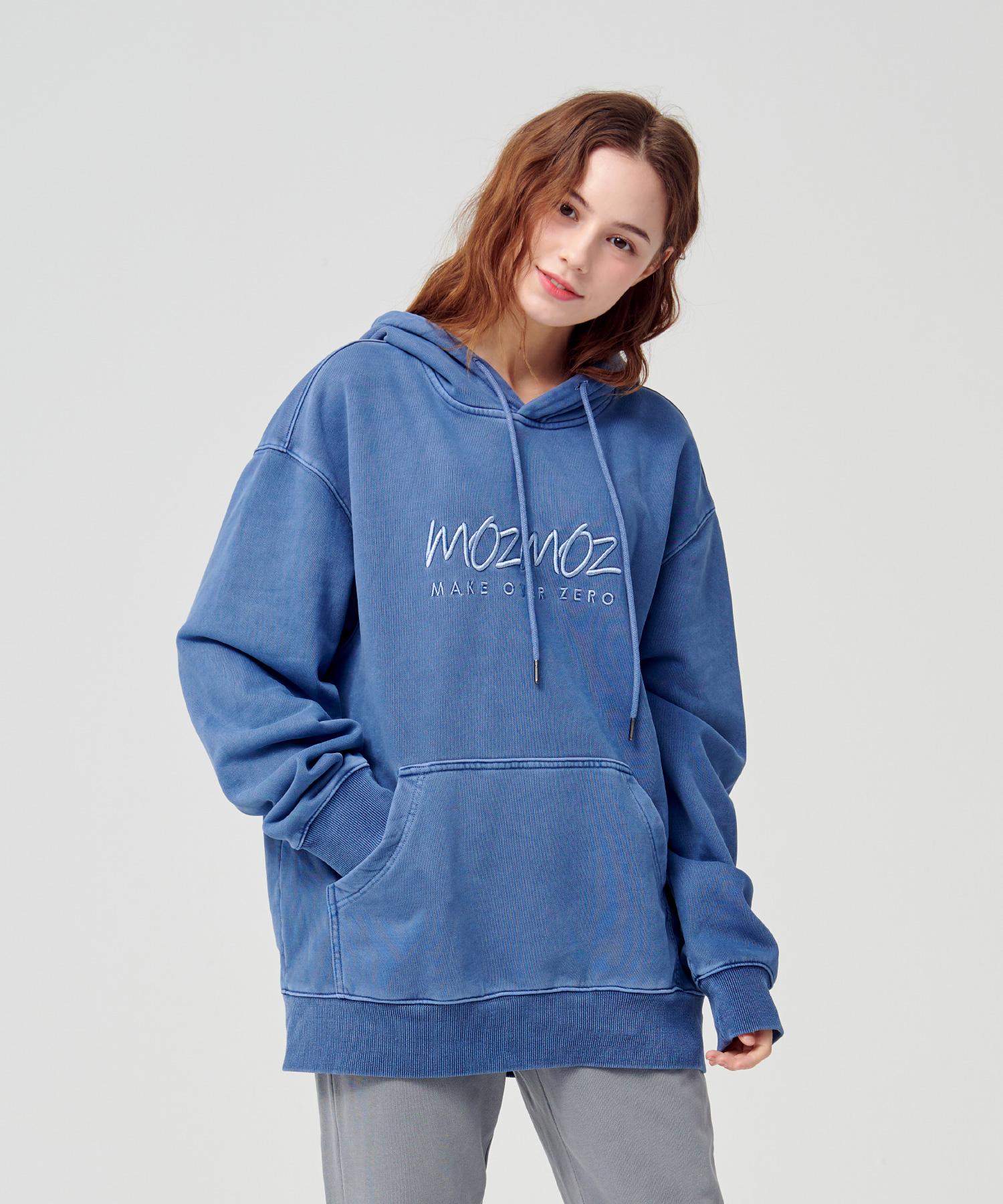 Moz Moz Front Embroidered Logo Pigment Big Size Oversized Hoodie Blue 3 (2Xl-3Xl)