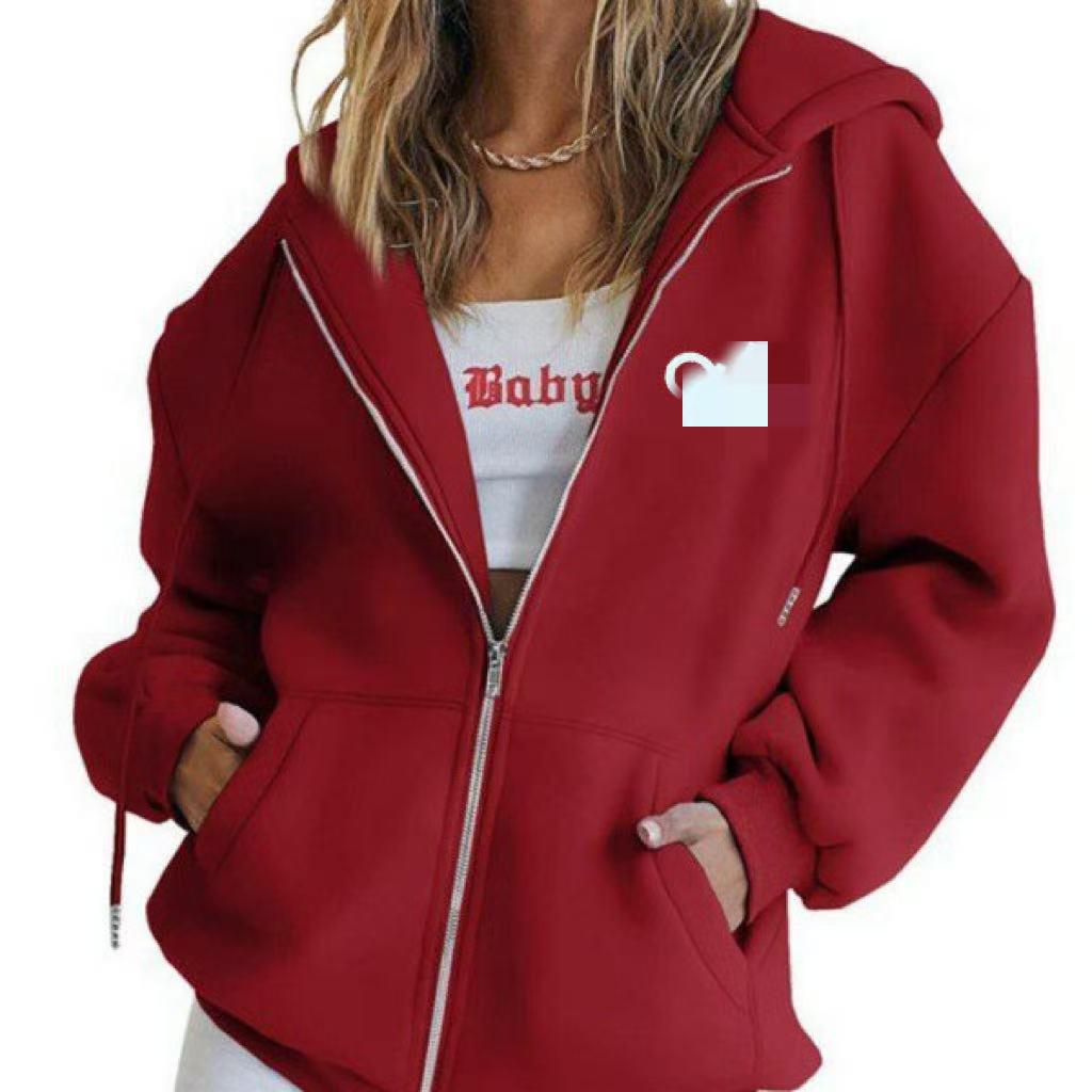 Cross-border Embroidered Zipper Hoodie with Drop Shoulder and Kangaroo Pocket