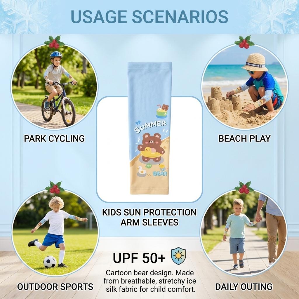 Cartoon Kids Ice Silk Sun Protect Arm Sleeves UPF 50+ Breathable Cat Panda Print Arm Sleeves for Kids Summer Outdoor Hiking