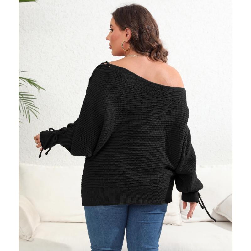 Women's Autumn and Winter Large Size Tie Bat Sleeve Sexy Strapless One Neck Studded Sweater