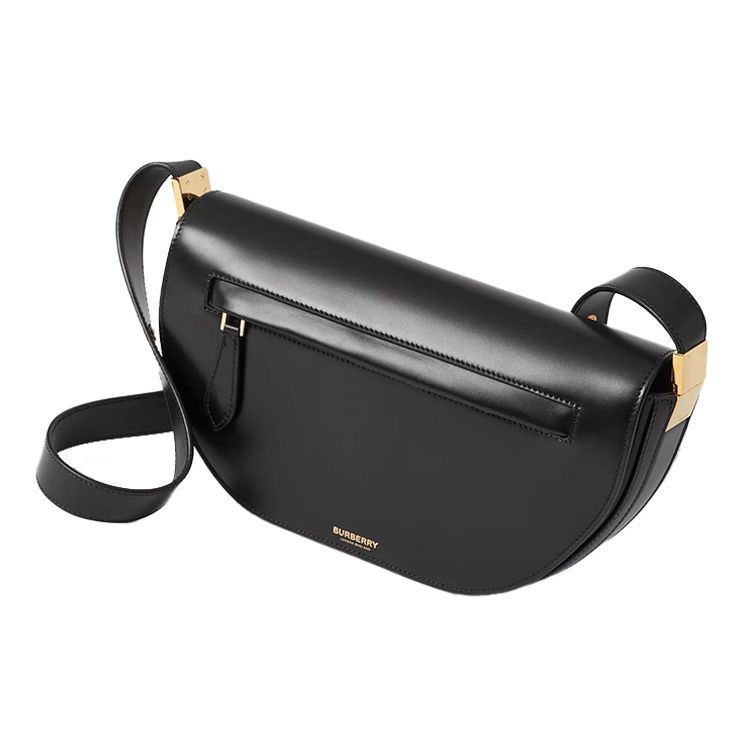 Burberry Black Smooth Leather Saddle Shoulder Bag With Gold Logo Print For Daily Use