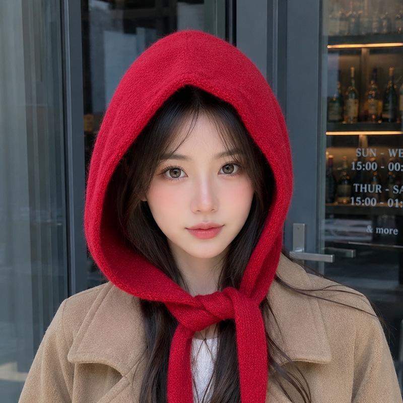 Korean version ins balaclava hat scarf integrated warm red knitted hat ear protector wool hat big head circumference