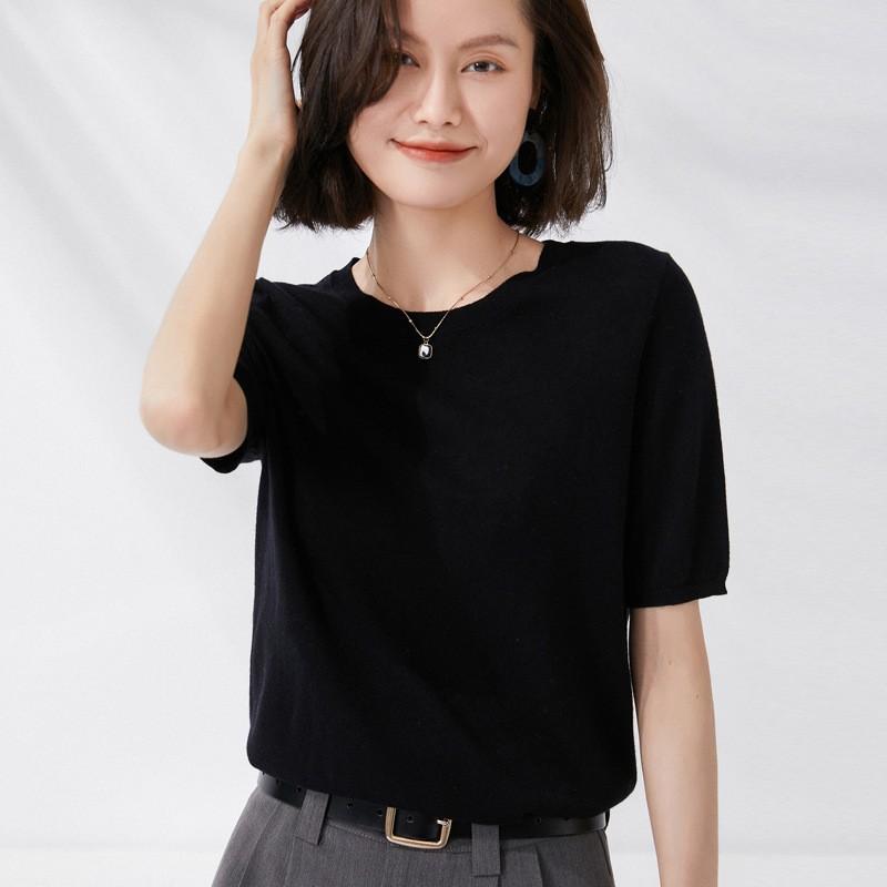 Spring and Autumn Women's T-shirt Knit Shirt Round Neck Simple Temperament Slim Top Solid Color Knitted Bottoming Thin