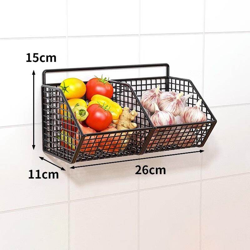 Wall-Mounted Metal Kitchen Storage Rack Durable Vegetable, Garlic, and Onion Organizer Basket - Space-Saving Design Mesh Holder