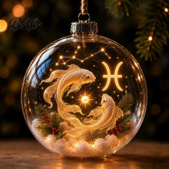 Acrylic Xmas Balls for Party Lighted Zodiac Christmas Ornament, Glowing Sign Ball with Warm LED, Durable Garden 3D Clear Hanging Pendant Tree Mantel,