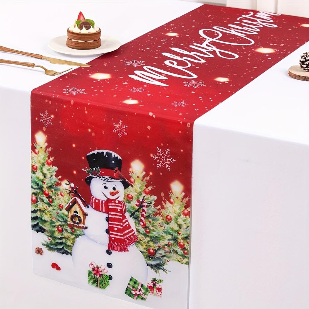 1pc Marry Christmas Table Runner Snowman Pine Printed Dustproof Durable Tablecloth for Home Ornament Xmas Dining Room Decoration