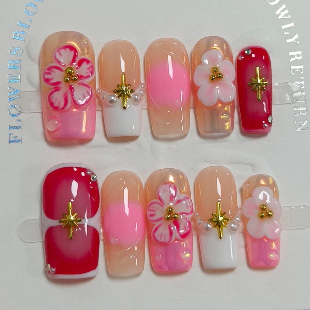10Pcs French Gradient Handmade False Nails Light Luxury Sweet Coffin 3D Flower Starfish Designs Finished Manicure Acrylic Nails