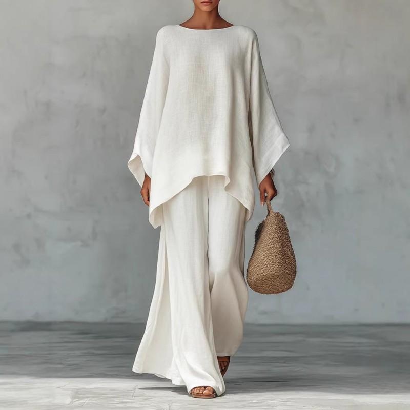 2025 Womens Linen Blend 2-Piece Set Loose Fit Long Sleeve Top Wide Leg Pants Solid Color Casual Outfit
