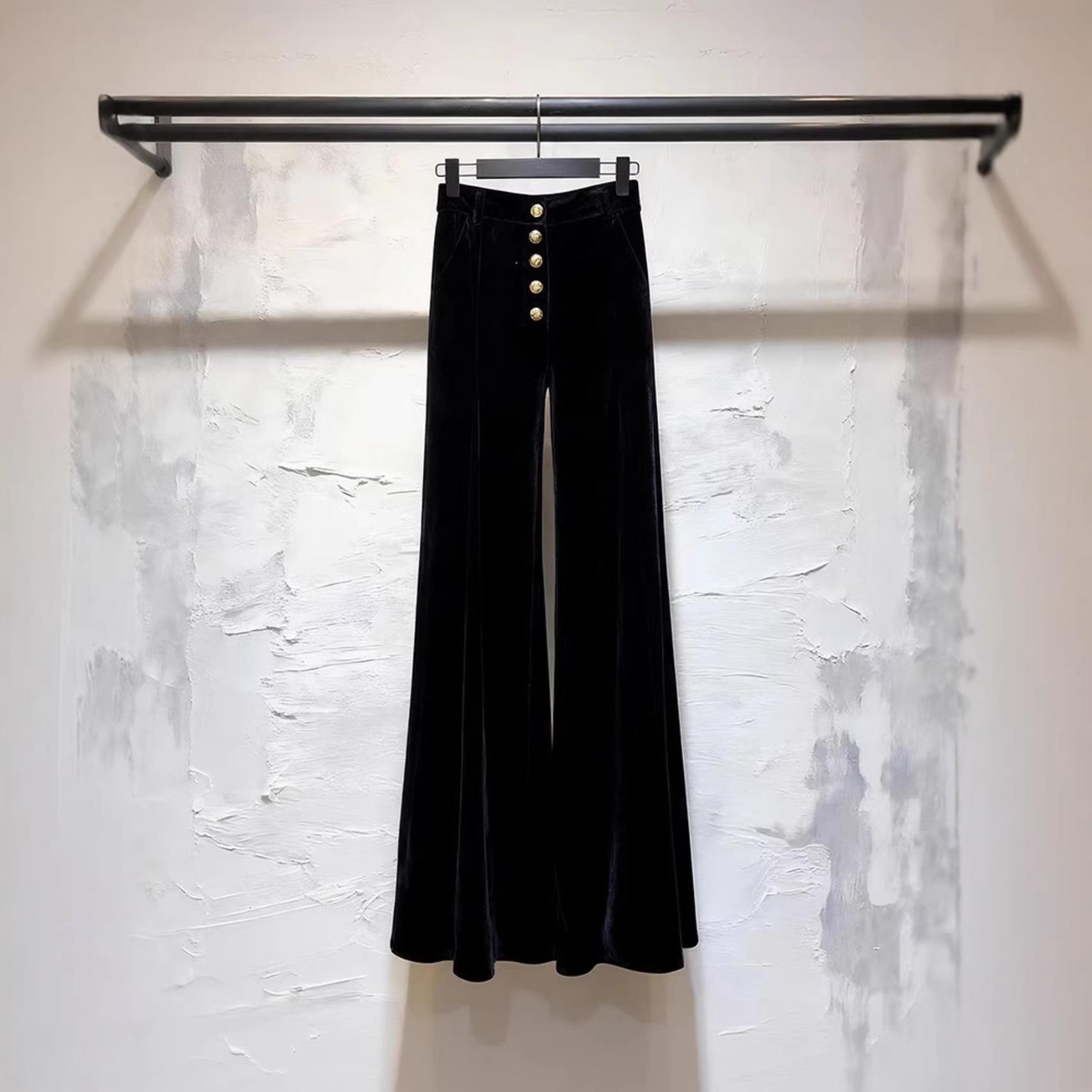 2026 Women s Black Velvet Wide-Leg Pants: Trendy, Hip-Covering, Slimming, Long, and Elegant XL