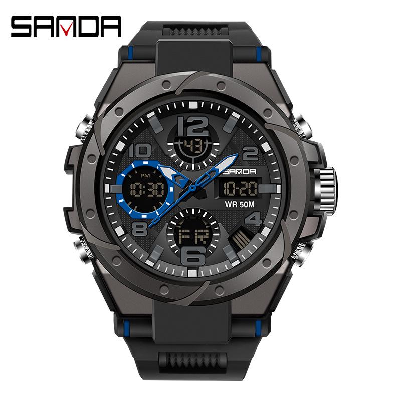 Sanda Men's Multifunctional Dual Display Luminous Waterproof Sports Watch for Teens