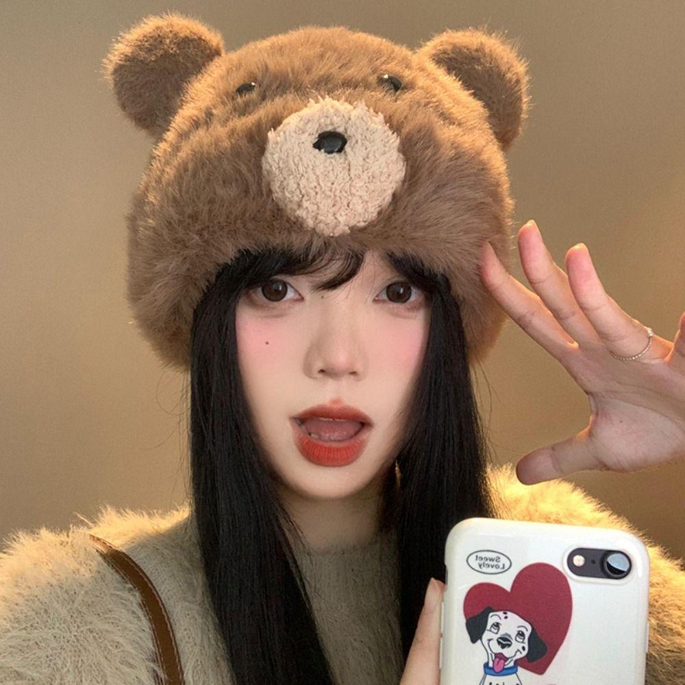 Plush Cute Bear Ear Hat Korean Women Fluffy Hat Winter Faux Fur Pullover Hat  Girls