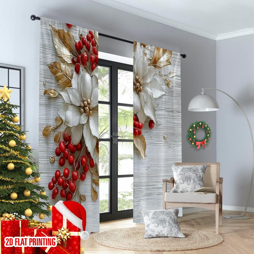 2pcs 2D flat printing Christmas Scene Curtains Red berries_ white flowers and gold leaves on a snowy background Digital Printed