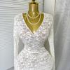 Autumn French Elegant Sexy Lace Hollow V-Neck Long Sleeve Waist Skinny Fishtail Dress Long Dress Women