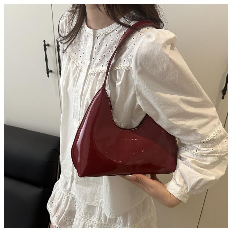 Glossy Faux Leather Crescent Bag for Women Fashionable Handheld Shoulder Purse Trendy Daily Clutch