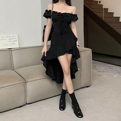 Summer Black A-LINE Dress Women Streetwear Sexy Off Shoulder Short Sleeves Ruffled Mid Dresses Club Elegant Party Dress