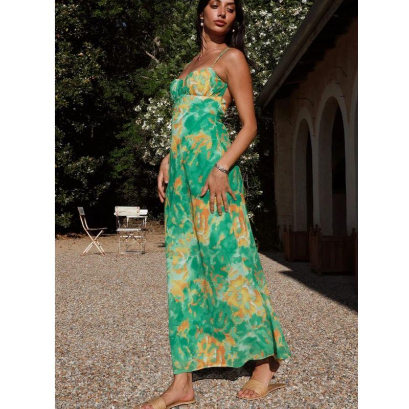 Vacation Summer New European and American Fashion off-Neck Sexy Sexy Backless Sleeveless Sling Dress Beach Long Dress