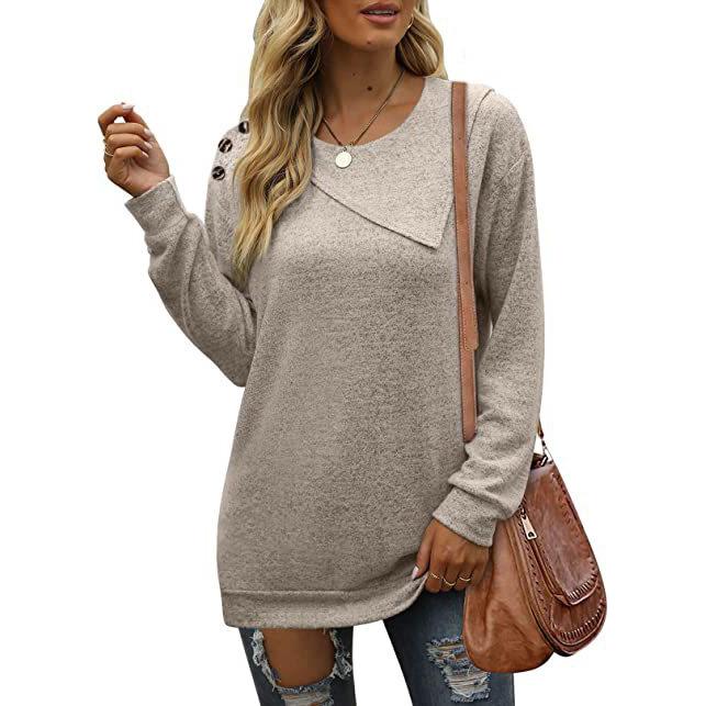 Women Plus Size Pullover Double Layer Round Neck Button Long Sleeve Sweatshirt  Loose Casual Solid T-shirt