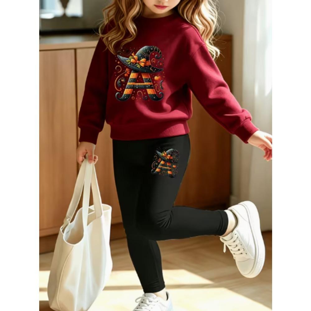 Girls' Halloween Witch Casual Comfortable Soft Loose Pullover Sweatshirt and Leggings 2-Piece Set, New Autumn/Winter, Playful, Sweet and Cool Style