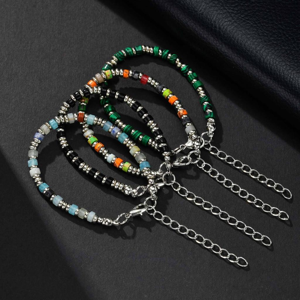 Xiaomi Vnox Men's Silver Color Metal Beads Natural Stone Bracelet, Adjustable 15-20cm Crystal Wheel Beaded Wristband, Jewelry Gift New
