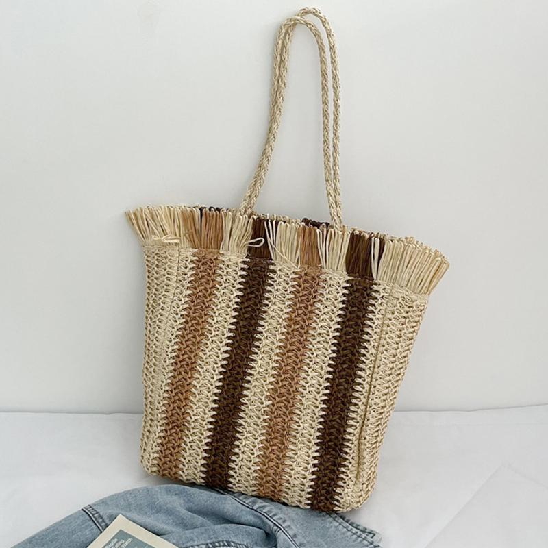Summer Stripes Straw Tote Bag Women Zipper Handbag Casual Holiday Beach Bag Woven Handmade Shoulder Bag Shopping