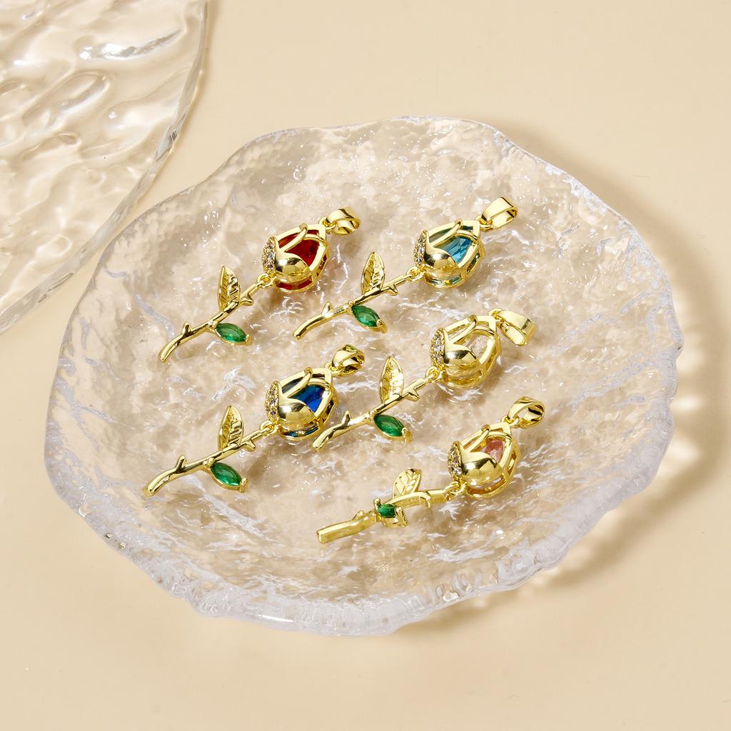 2 PCs Rose Brass 8K Gold Plated Tulip Flower Micro Pave Clear Cubic Zirconia Pendants Exquisite Jewelry Findings 3.8cm x 1.2cm