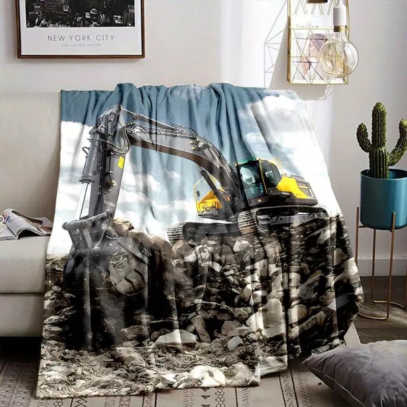 Yellow Excavator Pattern Flannel Blanket Suitable for Bedding, Office, Home, Camping, Warming, Sofa, Bed, Christmas Halloween