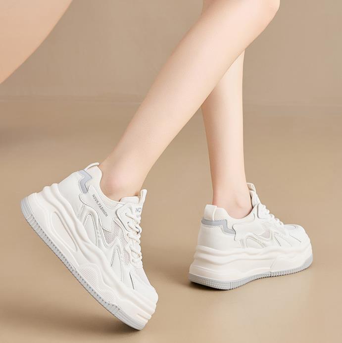 Fashion 8.5CM White Genuine Leather Women's Casual Woman Vulcanize Sneakers Breathable Meah Sport Walking Platform Flats Running Shoes