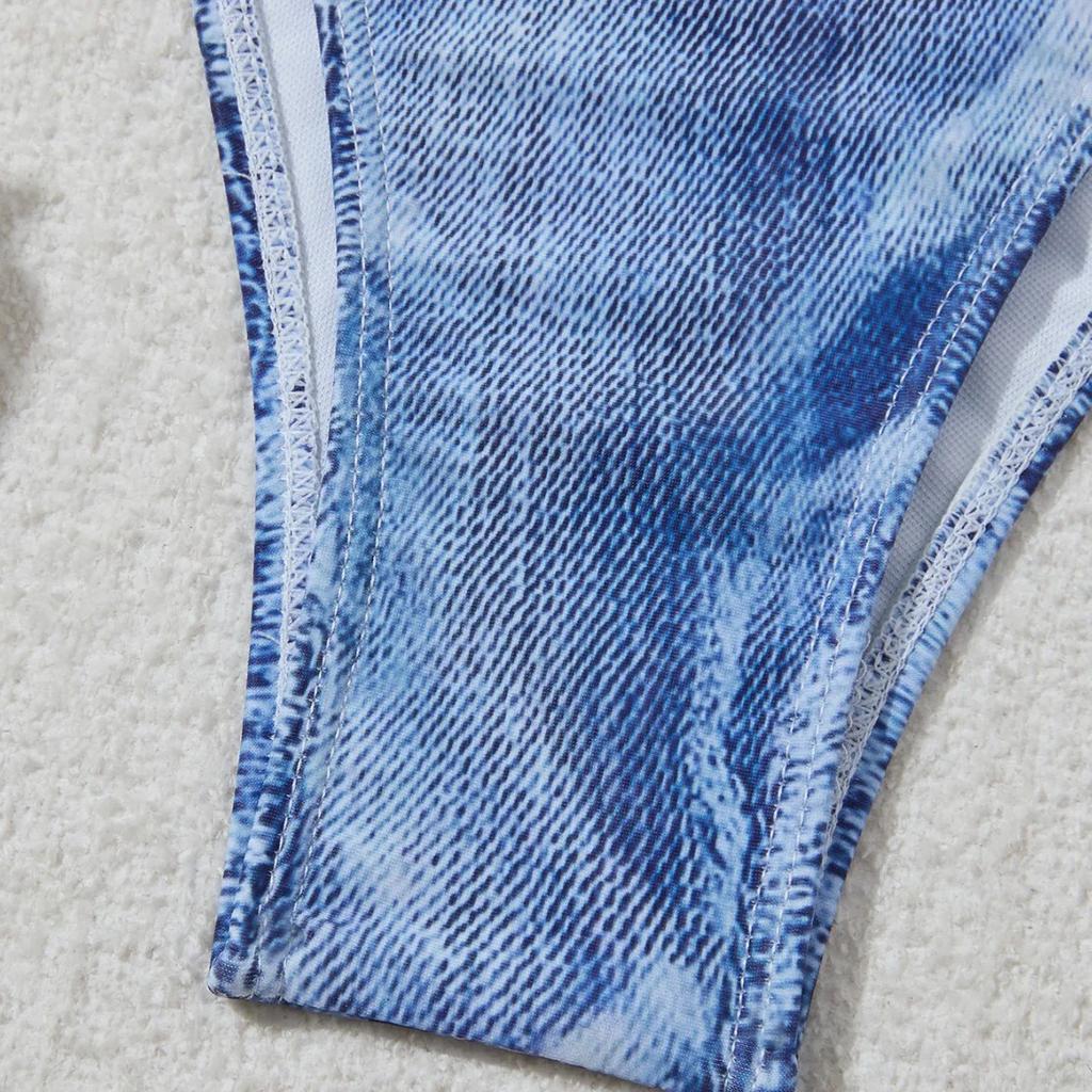 Sexy High Waist Triangle Pant Bikini Set Women's Two-Piece Swimsuit Denim Print Separate Swimwear Cross-Border Clothing