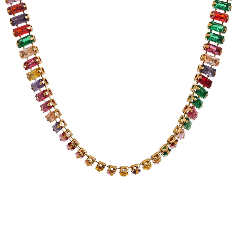 Yhpup Pull-out Adjustable Luxury Colorful Cubic Zirconia Chain Necklace Stainless Steel Waterproof Fashion Bling Jewelry Women