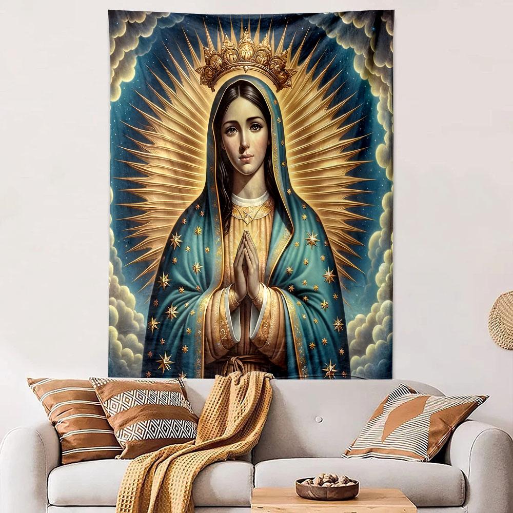 Holy Virgin Mary with Golden Halo Patterned Tapestry Decorative Wall Hanging, Home Bedroom Living Room Decor