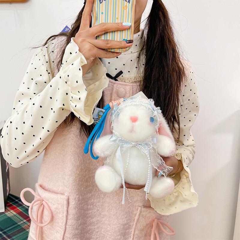 Chaveiro de Coelho de Pelúcia com Colar de Pérolas para Decoração de Mochila de Meninas