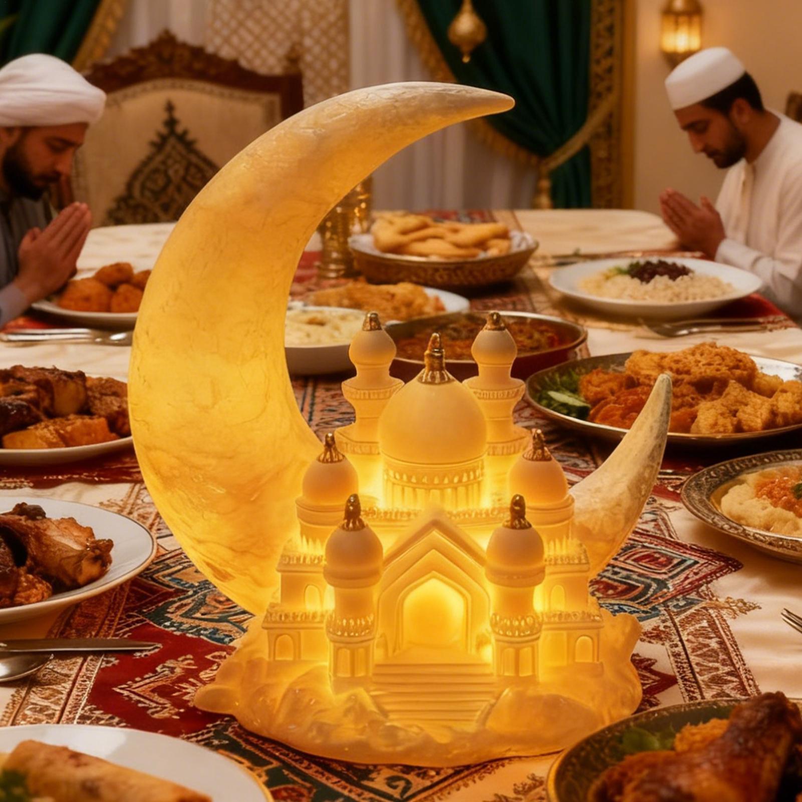 

3D LED Light Middle East Festival Lighted Figurine Eid Moon Castle Ornament Resin Mosque Statue Ramadan Desk Holiday Sculpture CHINA