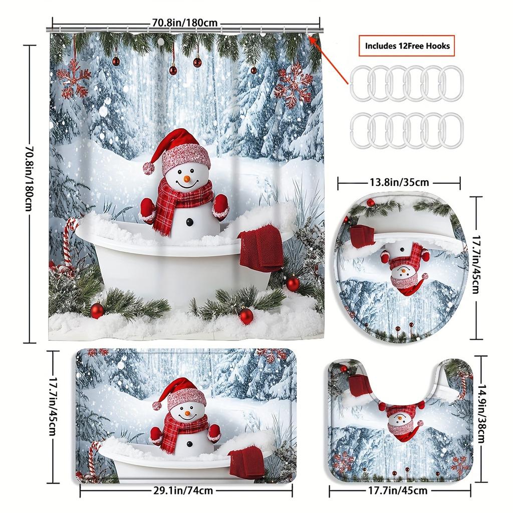 4Pcs Bathroom Shower Curtain Set Christmas Bathroom Curtain With 12 Hooks Non Slip Rugs Toilet Cover Mat Bathroom Partition