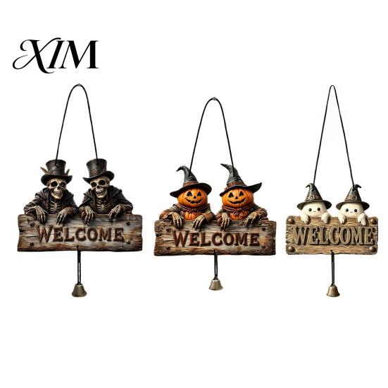 Rustic Holiday Door Sign Halloween Wooden Welcome Hanging Sign, Vintage Farmhouse Hanger with Skeleton Pumpkin Seasonal Window Ornament Ghost,