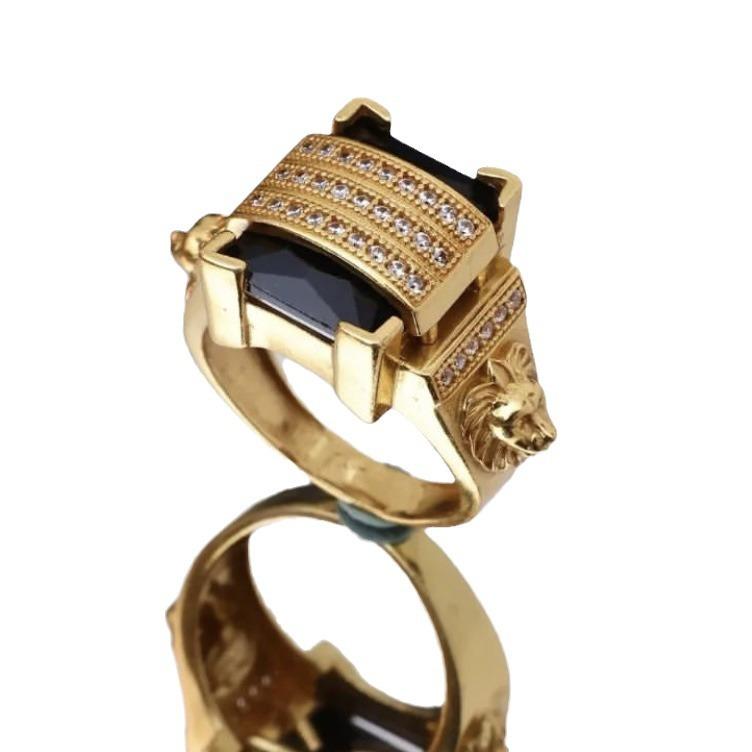 Men's Gold-plated Black Diamond Ring, Lion Head Men's Ring, Domineering Point Diamond Punk Jewelry.