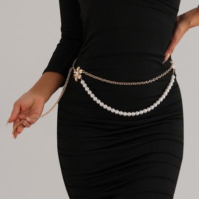 Vinrage Multilayer Pearl Waist Chain Heart Rhinestone Floral Belly Chain Tassel Elegant Dress Waistband Photoshoot