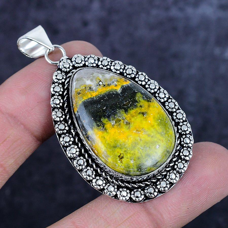 Natural Bumble Bee Jasper Gemstone 925 Sterling Silver Pendant 2.32" ETC-14287
