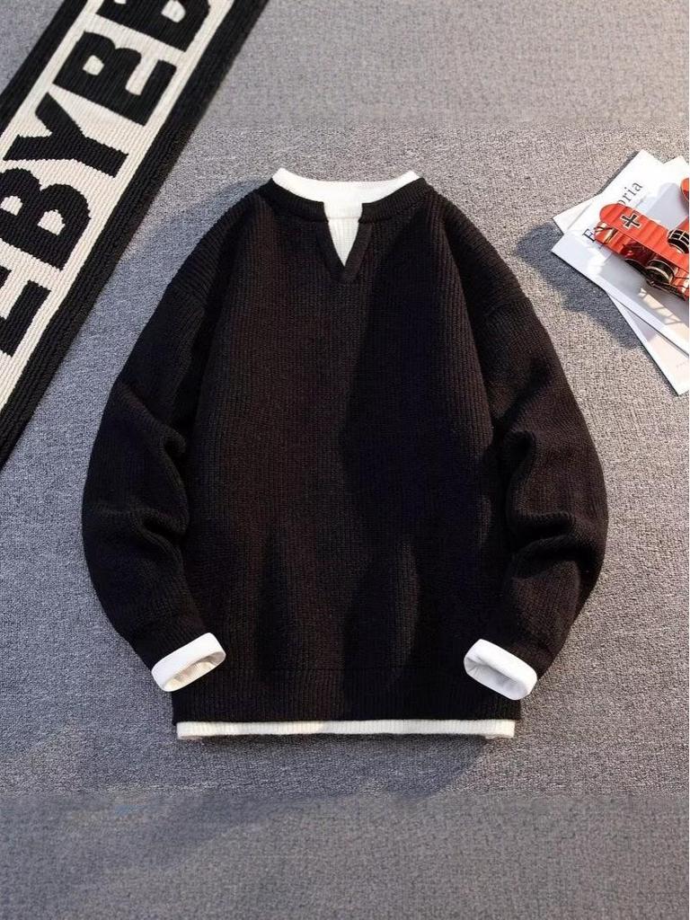Men's Winter Patchwork Color Block Layered Sweater - Casual, Versatile, Warm Round Neck Knitwear