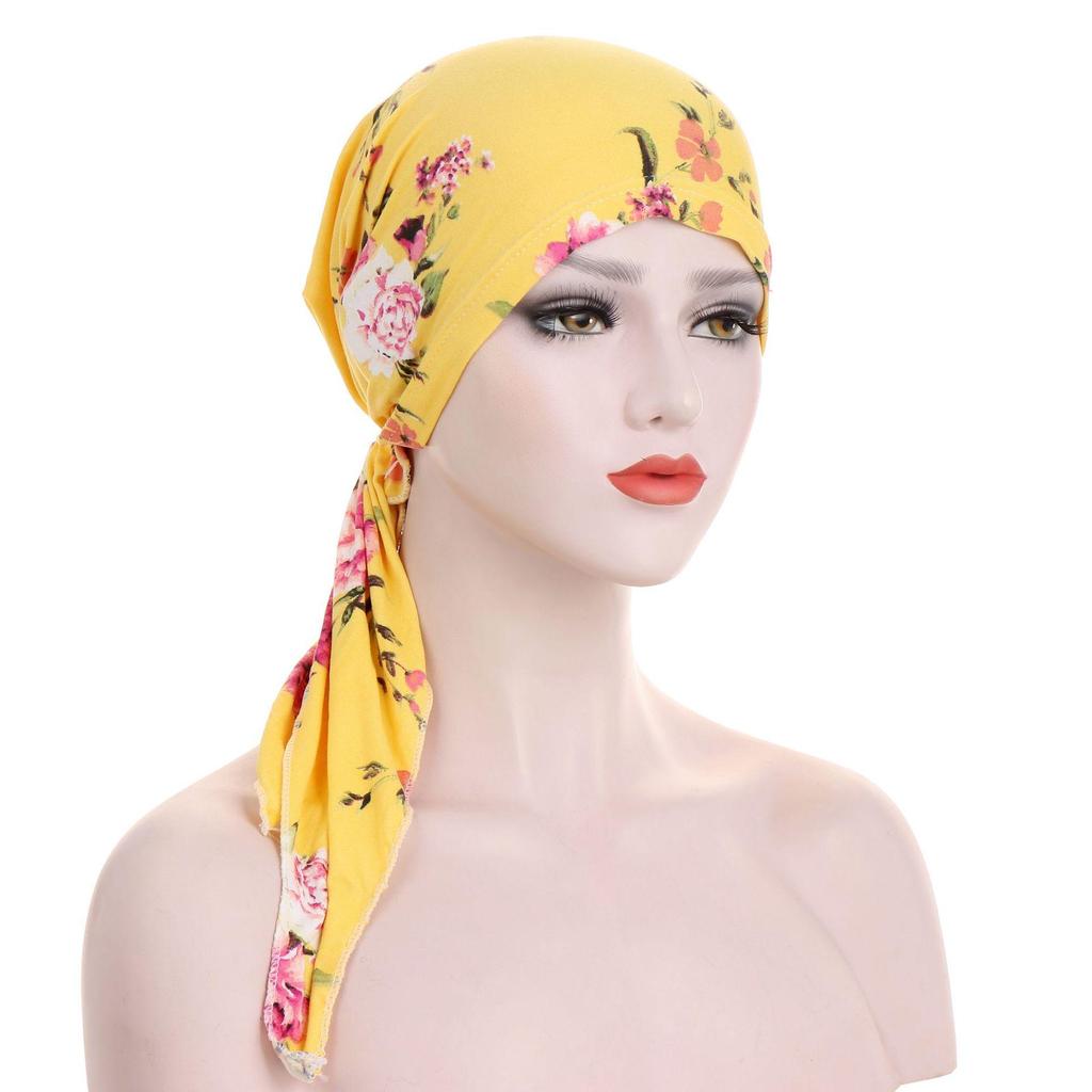 European-American Floral Print Two-Tail Curved Muslim Headscarf Pullover Hat