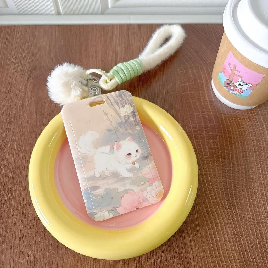 Kawaii koreansk kattunge Kpop-fotokortholder med snor Tre Hvit katt Landskapsfotokortdeksel Kreativt designkortbeskytter