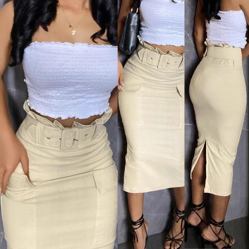 

Tie Skirt European and American Skirt High Waist Lace Strap Casual Cargo Patch Bag Tight Mid-Length Skirt Apricot S