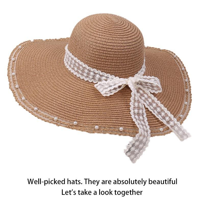 Hepburn wind flat top sunscreen straw hat women's summer big brim sunshade bucket hat seaside vacation beach sun hat