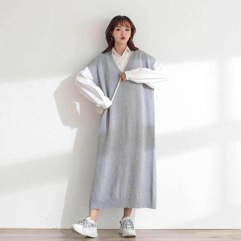 DIMANAF Dames Trui Jurk Winter Herfst Oversize Nieuw Breien Mouwloos Vest V-hals Vrouwelijk Basic Effen Losse Trui