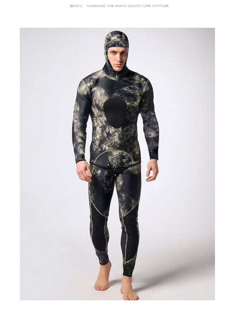 Kamuflážový 3mm potápěčský a spearfishingový neopren s kapucí - Chladuvzdorný a teplý jednodílný oblek pro freediving a lov